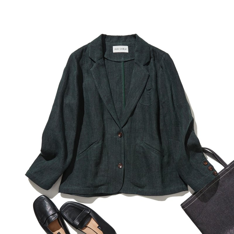 令人安心的法國亞麻100%西裝外套│深綠色│外搭│251005-2 - 女大衣/外套 - 棉．麻 綠色