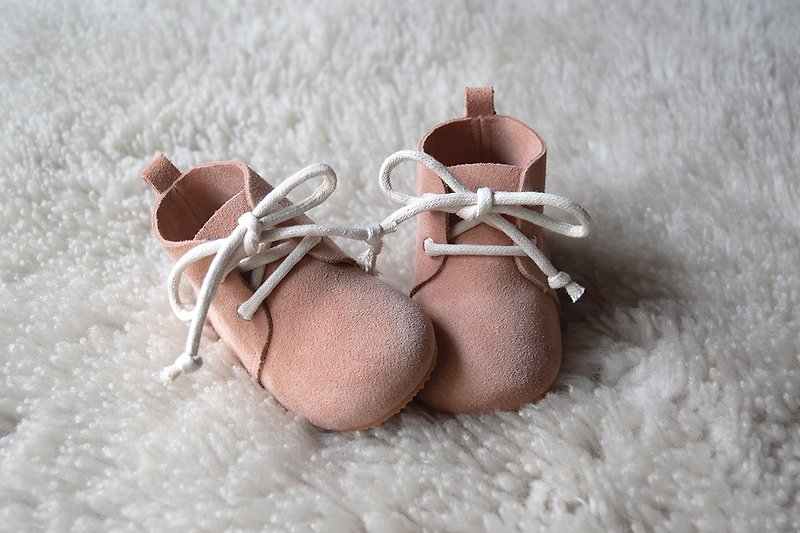 粉膚色綁帶嬰兒短靴 嬰兒鞋 周歲禮物 彌月禮盒 女寶寶學步鞋 - 童裝鞋 - 真皮 粉紅色