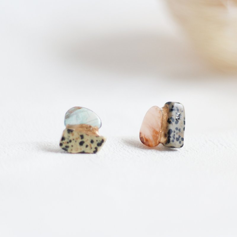 Kintsugi Natural Stone Earrings Clip-On / Dalmatian Jasper, Fluorite / Dot Pattern - ต่างหู - เครื่องประดับพลอย สีเงิน