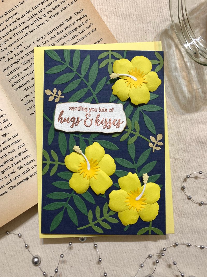 Handmade Cards/Blessing Cards/Heart Cards/Universal Cards_Yellow Hibiscus - การ์ด/โปสการ์ด - กระดาษ สีน้ำเงิน