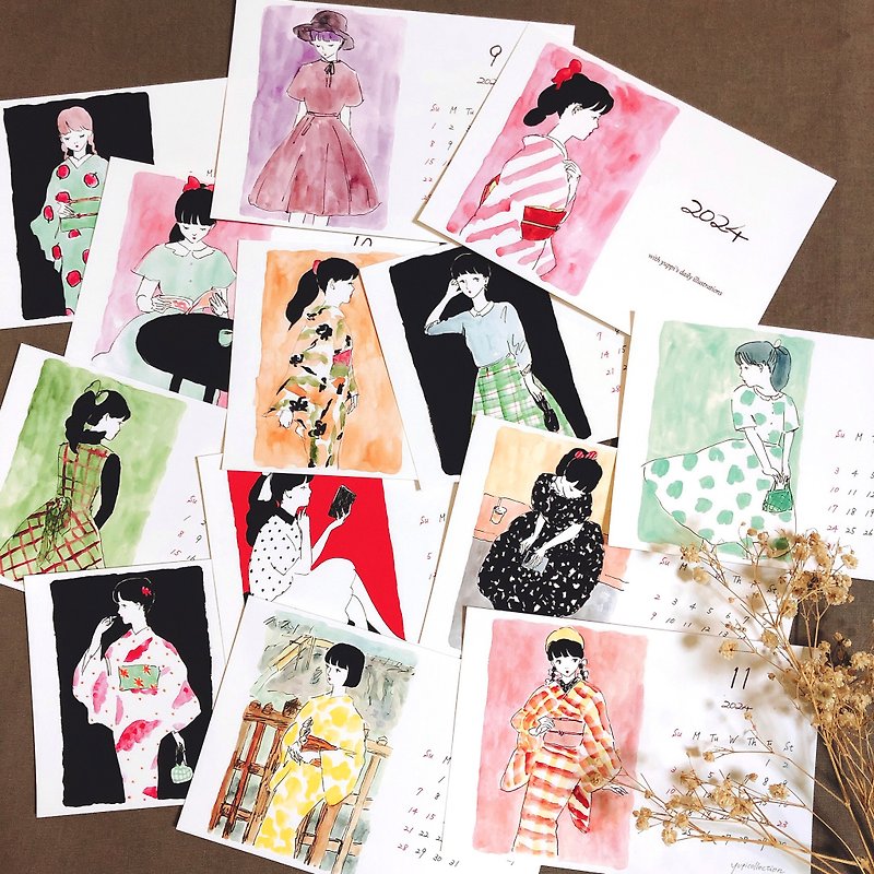 2024 Yuppi Calendar Retro Illustration Kimono Illustration - ปฏิทิน - กระดาษ 