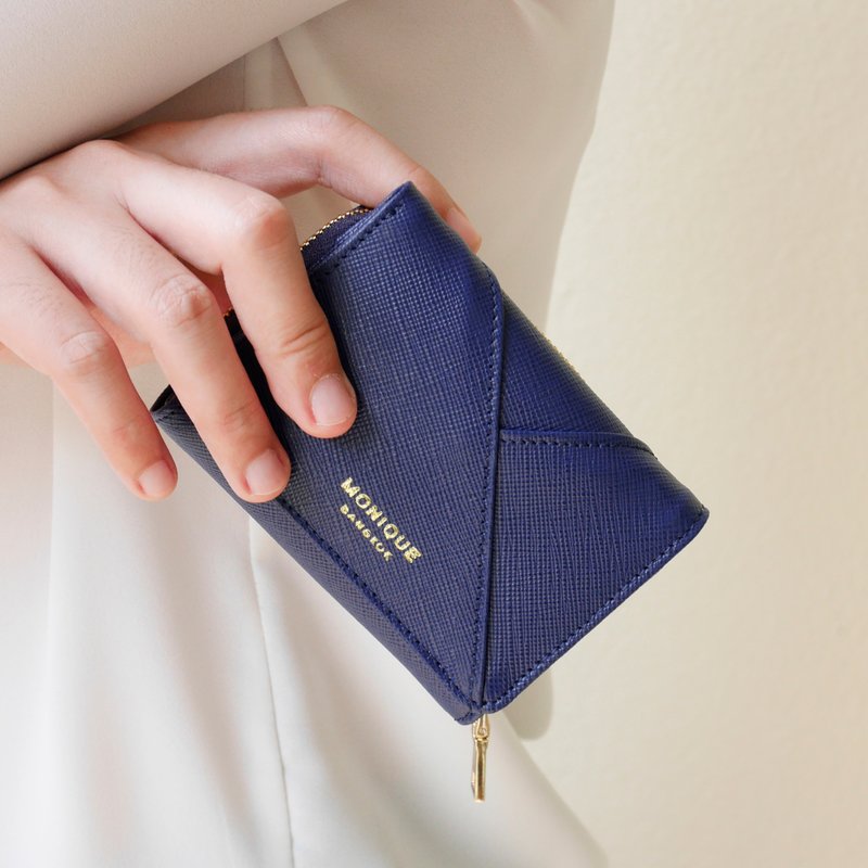 真皮短夾 Ellie Mini 款 / Navy Saffiano Leather - 錢包/皮夾/長短夾 - 真皮 藍色