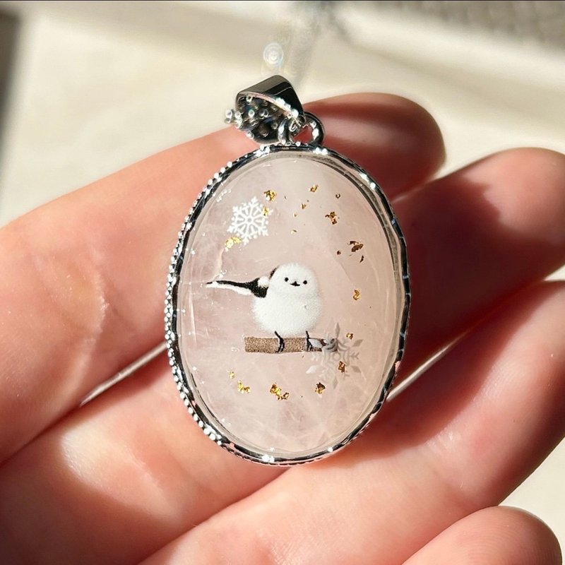 Rose Quartz Pendant Necklace with Shima-enaga Bird Japanese 24K Gold Leaf Handma - Necklaces - Stone Pink