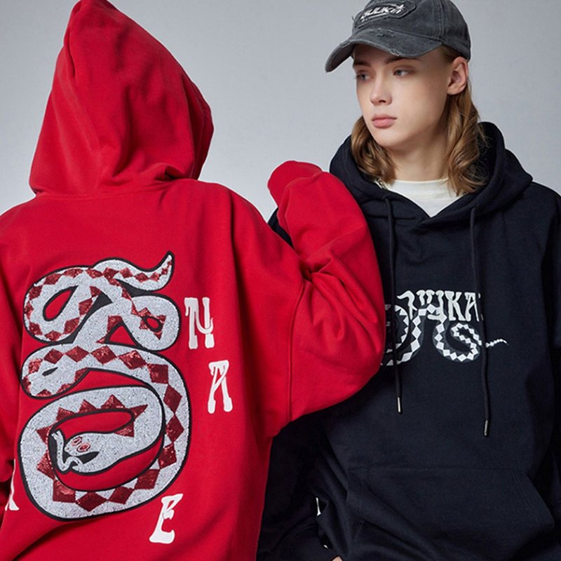 Couple pearl embroidery red fleece hooded hoodie for Chinese zodiac snake year - Unisex Hoodies & T-Shirts - Cotton & Hemp Red