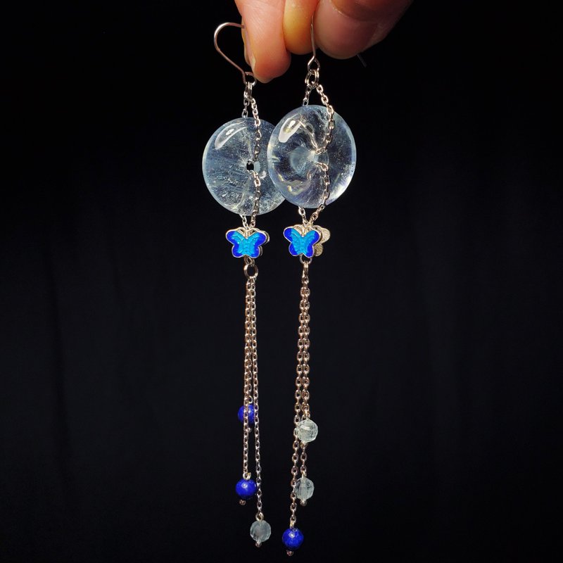 Natural Rainbow Starlight Aquamarine Peace Buckle Enamel Lapis Lazuli Tassel Rich Earrings Single Product - ต่างหู - เครื่องเพชรพลอย สีน้ำเงิน