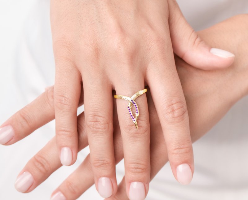 紫水晶14k黃金結婚戒指 扭曲藤蔓樹皮婚戒 自然靈感樹枝環長戒指 - 戒指 - 貴金屬 紫色
