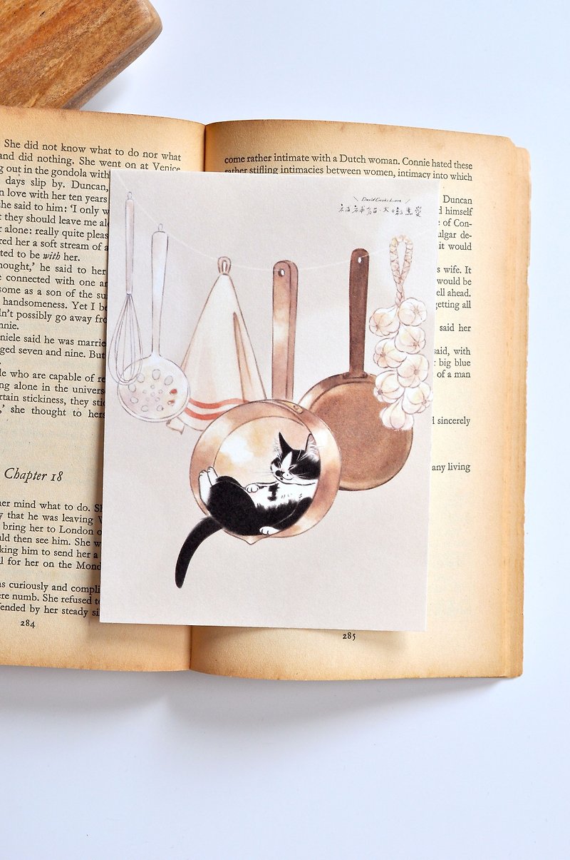 Cat illustration postcard-black and white cat resting in the kitchen - การ์ด/โปสการ์ด - กระดาษ ขาว