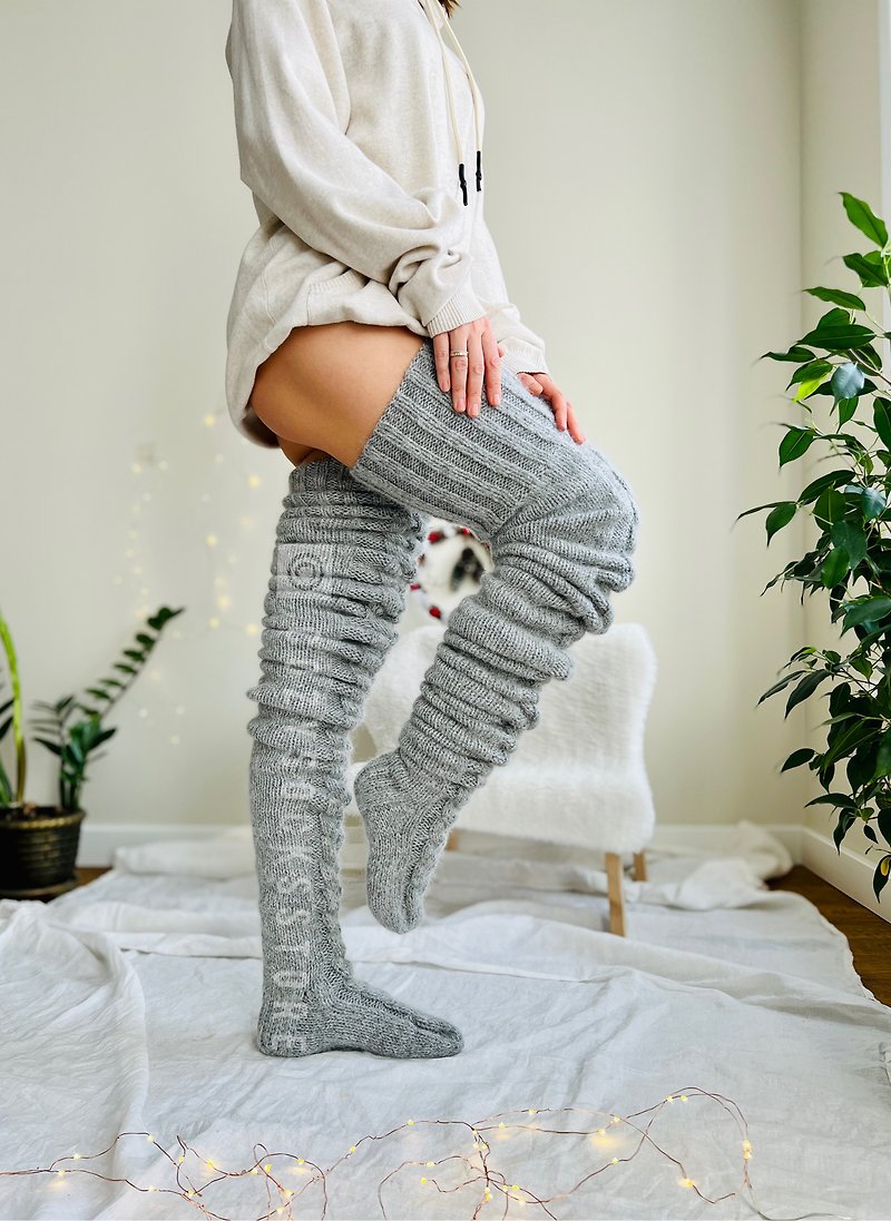 Customized socks Thigh high socks LONG 65 inches Over knee stockings Plus size - Stockings - Wool Gray