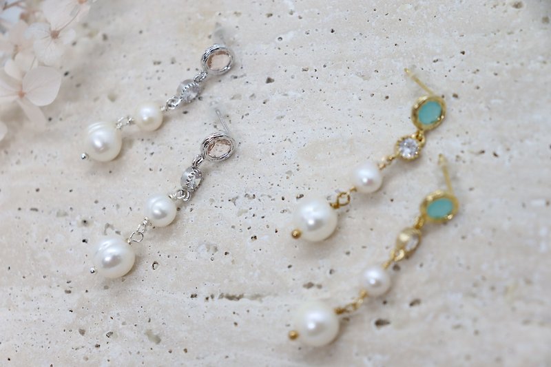 Cascade Round Freshwater Pearls Drop Crystal 925 Silver Post Earrings - Earrings & Clip-ons - Pearl 