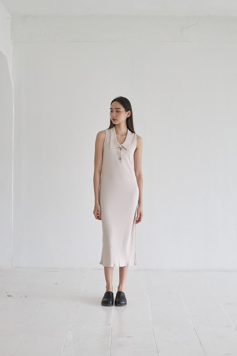 Sleeveless ribbed dress - 洋裝/連身裙 - 其他材質 卡其色