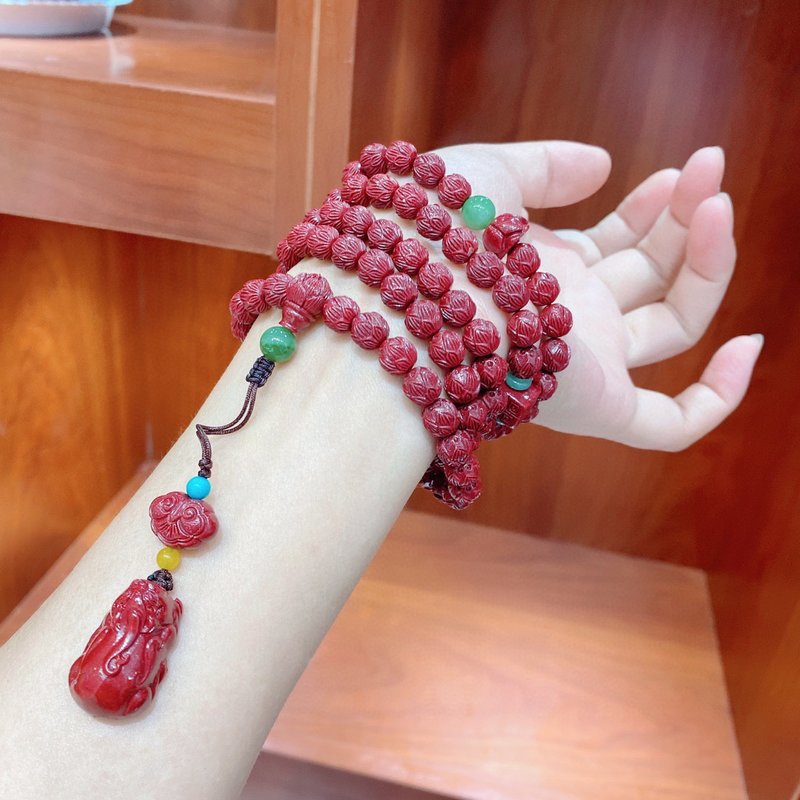 Natural ore cinnabar purple gold sand lotus beads 108 Buddha beads bracelet with natural Hetian jasper - สร้อยข้อมือ - เครื่องเพชรพลอย 