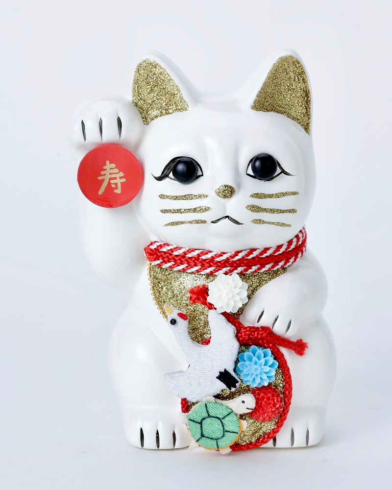 招き猫鶴亀ご縁猫 - 置物 - 陶器 ホワイト
