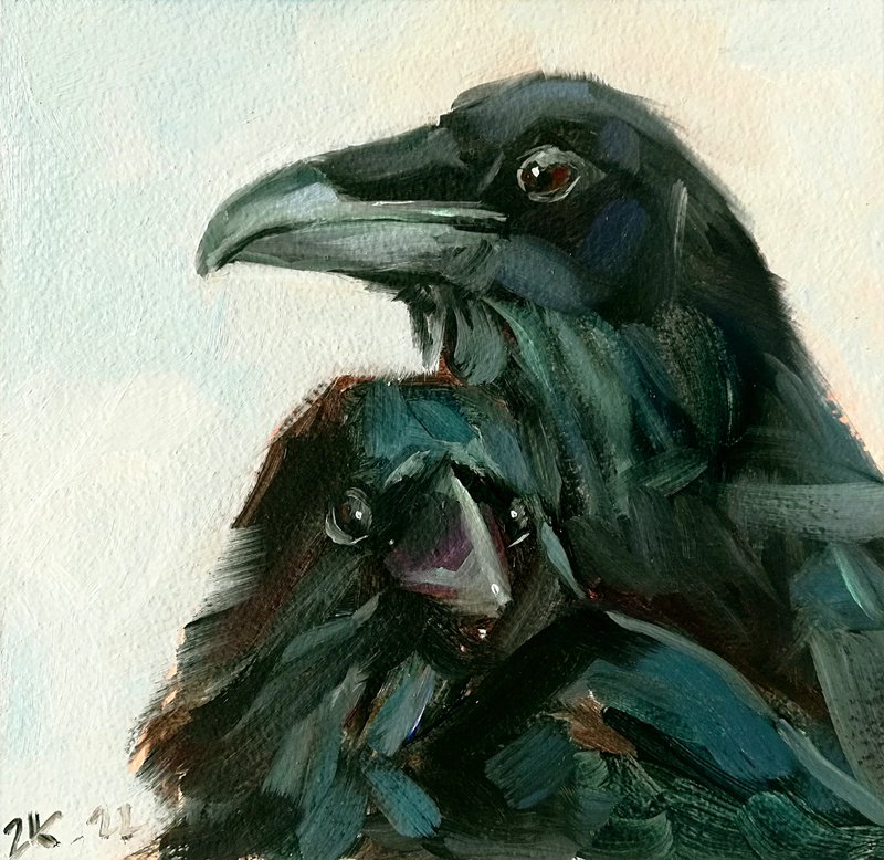 Ravens Painting Couple of Birds Original Art Black Crow Wall Art - โปสเตอร์ - วัสดุอื่นๆ หลากหลายสี