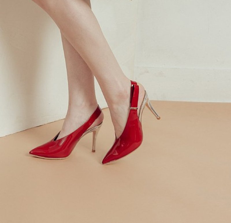 Retro Monroe V fork with fine leather sandals red - รองเท้ารัดส้น - หนังแท้ สีแดง