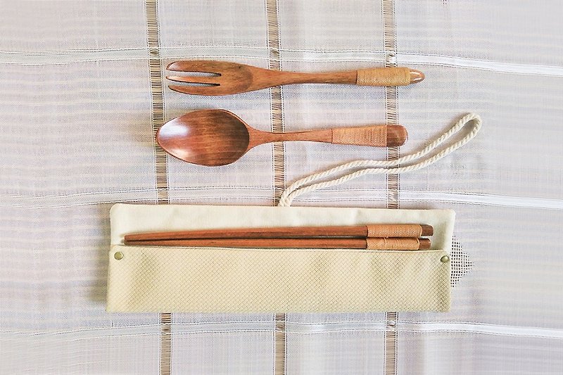 Roll up Cutlery Pouch, Cutlery Case, Cutlery bags, Beige - กล่องเก็บของ - หนังเทียม สีกากี