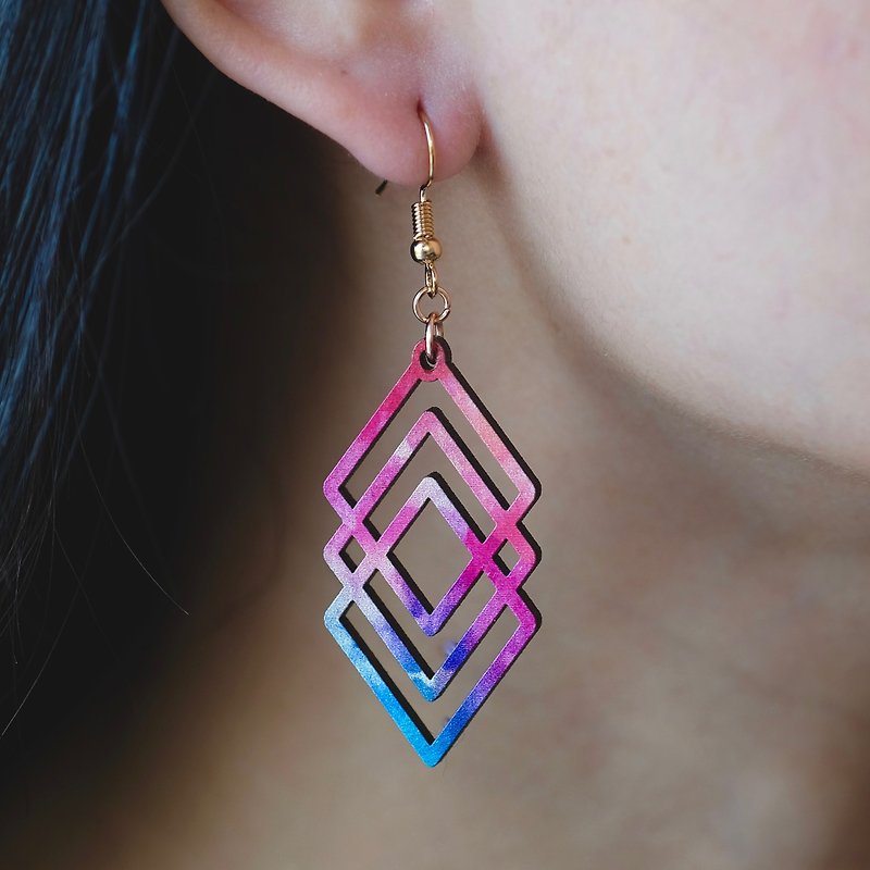 Wood earrings-Polygon Rainbow - ต่างหู - ไม้ หลากหลายสี