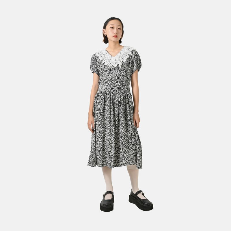 【蛋植物古著】月華蕾絲領短袖印花古著洋裝 - 洋裝/連身裙 - 其他人造纖維 