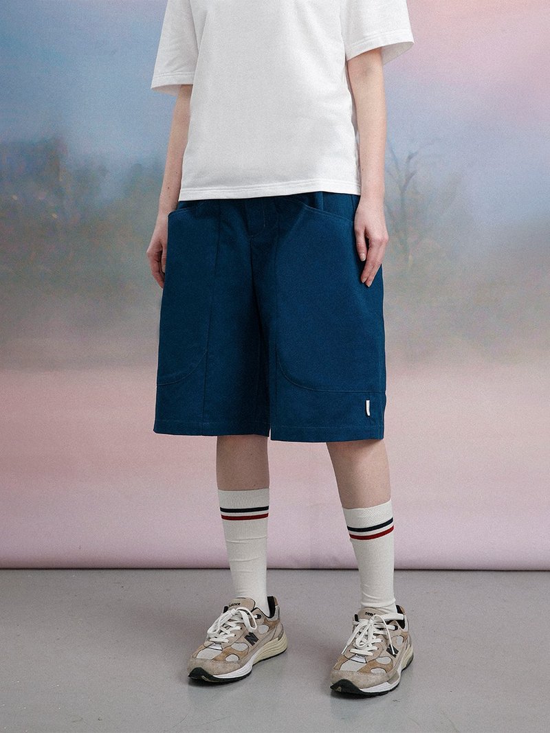 UNVESNO SS21 夏季情侶國潮牌闊腿寬松休閒工裝短褲男TR-3104 - 男短褲/工作短褲 - 棉．麻 藍色