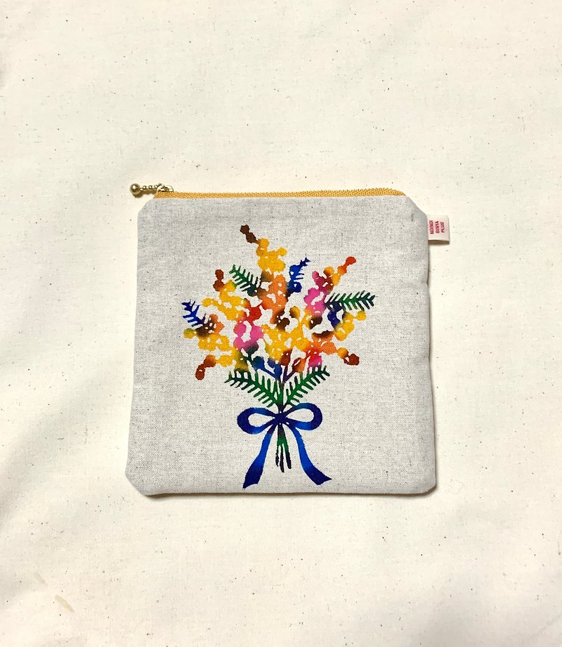 Hand-dyed bingata/mimosa bouquet square pouch/blue ribbon [Free shipping within Japan] [Please refer to shipping charges outside of Japan] - Toiletry Bags & Pouches - Cotton & Hemp Yellow