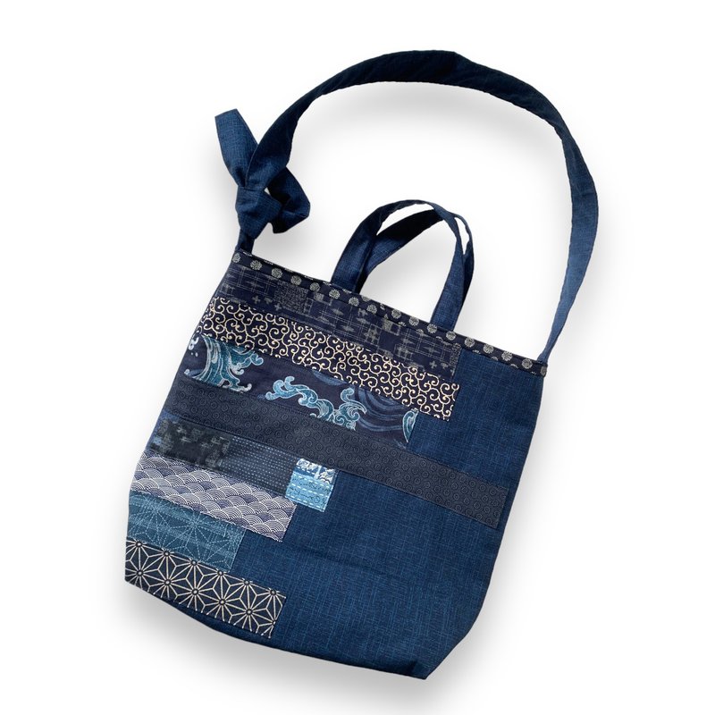 Shoulder Bag With Knot - 側背包/斜背包 - 棉．麻 藍色