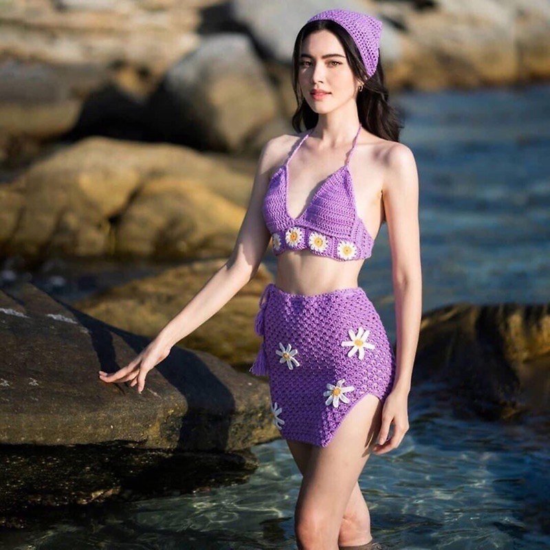 羊毛 女泳衣/比基尼 紫色 - crochet bikini daisy flower set for the beach . summer bikini set.