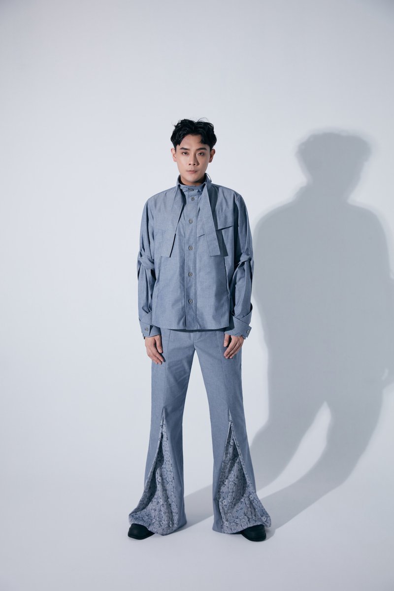 襯衫式綁帶外套 - 男襯衫/休閒襯衫 - 棉．麻 藍色