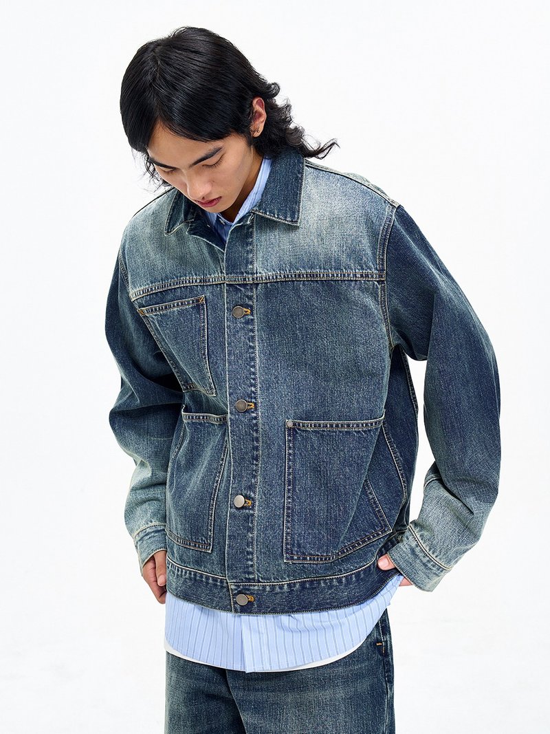 Retro washed denim jacket for men's  casual trendy denim work short jacket - เสื้อโค้ทผู้ชาย - ผ้าฝ้าย/ผ้าลินิน สีน้ำเงิน