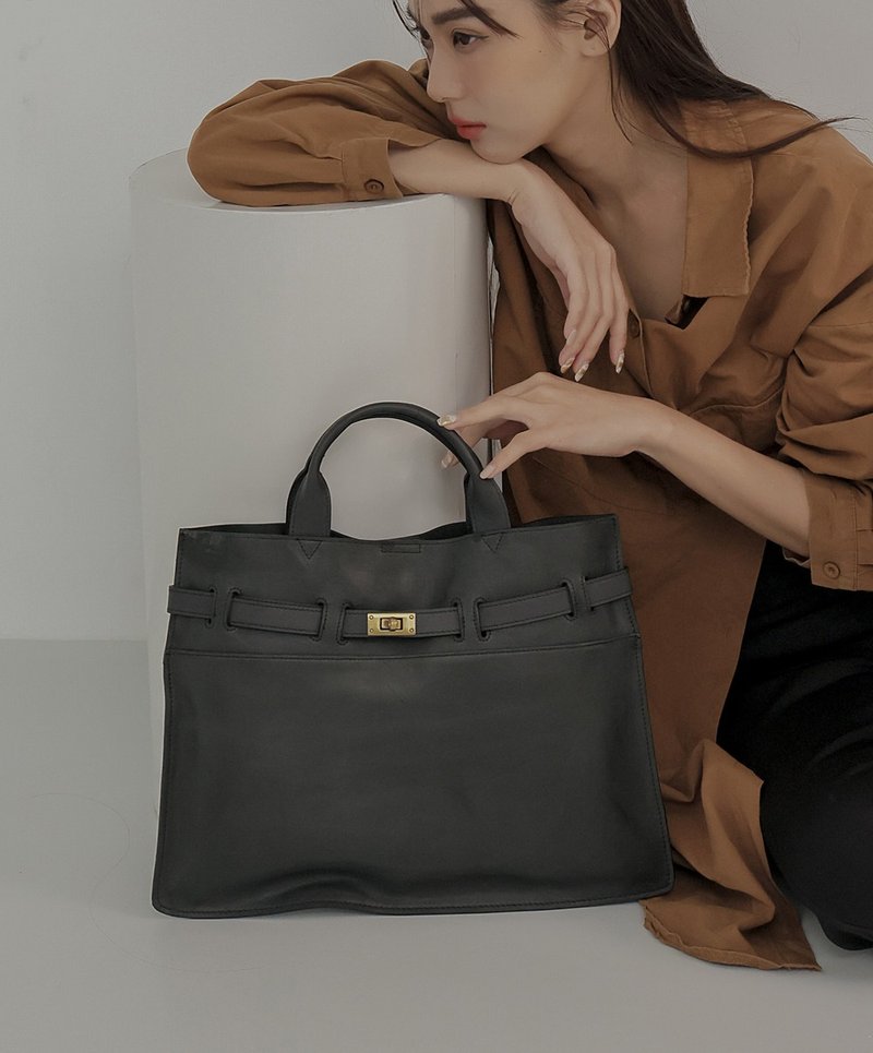 supportingrole buckle leather minimalist square urban shoulder handbag side backpack tote bag black - กระเป๋าถือ - หนังแท้ สีดำ