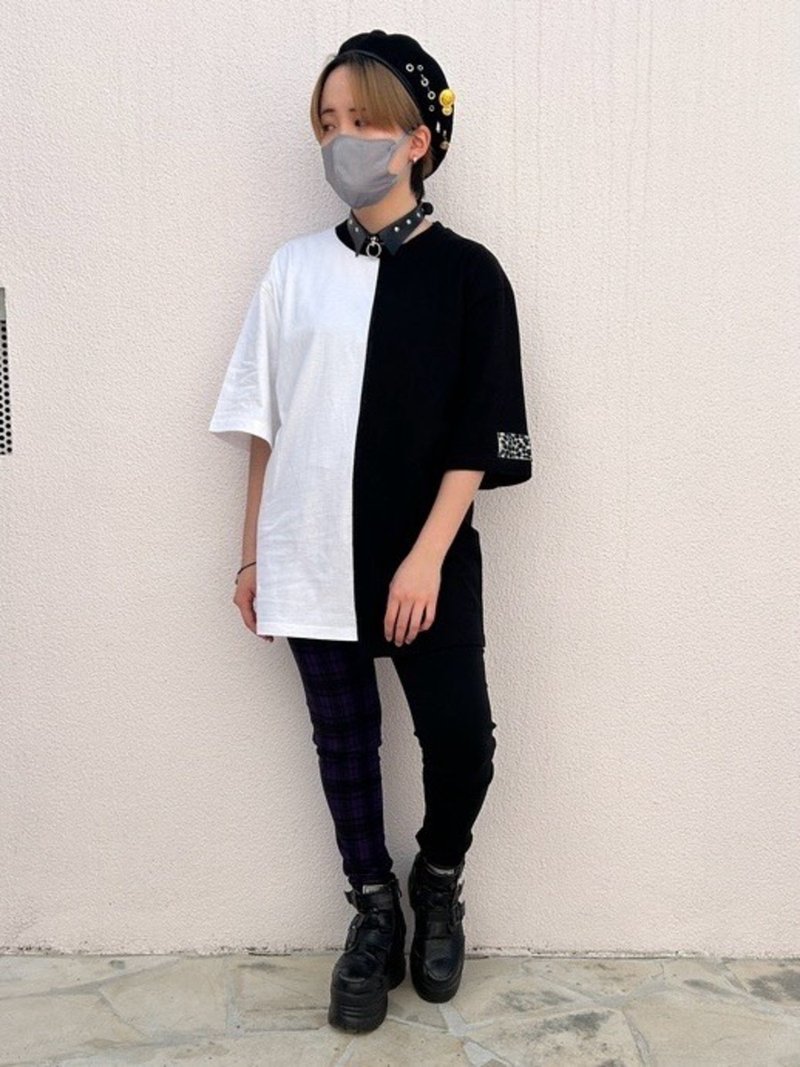 アシメビッグTシャツ/ブラック/ホワイト/Fサイズ/hellcatpunks/hcp-t-0248 - 女 T 恤 - 棉．麻 黑色