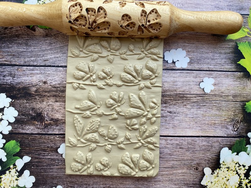 Butterfly rolling pin, embossing rolling pin, engraved rolling pin, cookie stamp - อาหาร/วัตถุดิบ - ไม้ สีนำ้ตาล