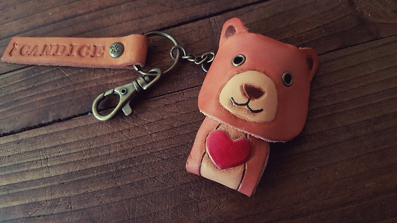 Cute Valentine's Day Love Q bear pure leather key ring (made lover, birthday gift) - ที่ห้อยกุญแจ - หนังแท้ สีส้ม