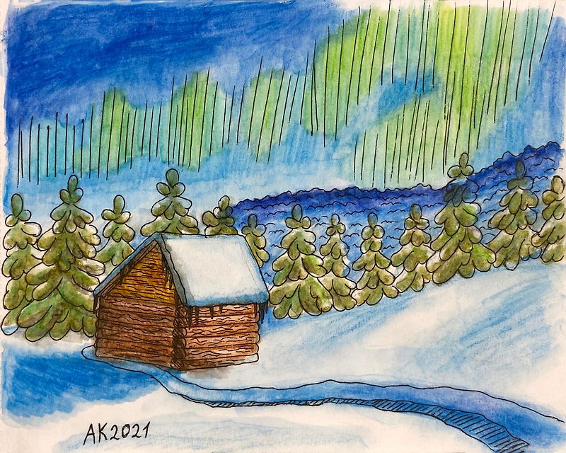 Northern Lights watercolour painting, nature artwork, winter landscape, forest - ตกแต่งผนัง - วัสดุอื่นๆ สีน้ำเงิน