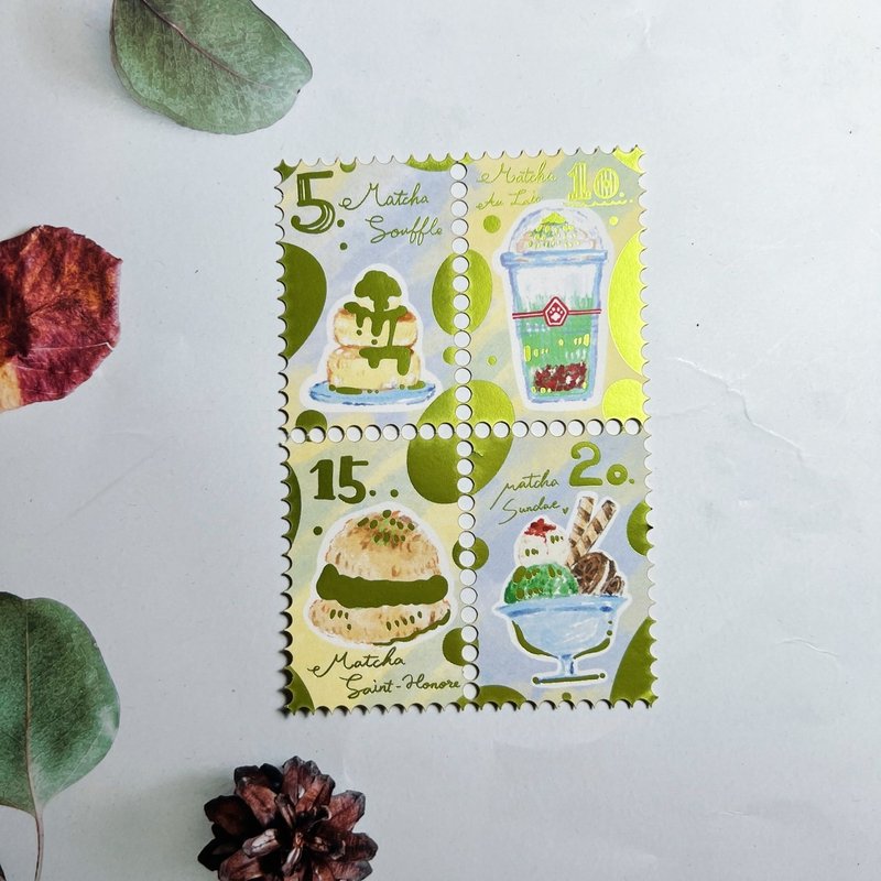 抹茶甜點燙金郵票貼紙 - 貼紙 - 紙 綠色