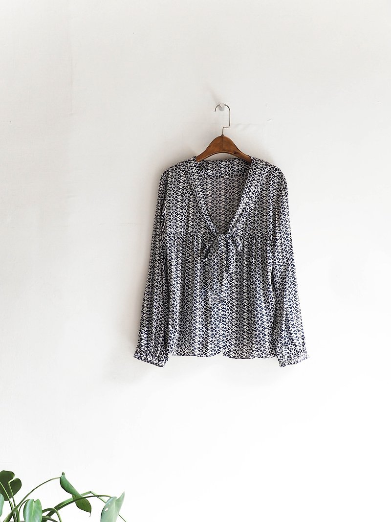 河水山 - 北海道經典鎖鏈領結女孩 古董絲質襯衫上衣 shirt oversize vintage - 女裝 上衣 - 聚酯纖維 藍色