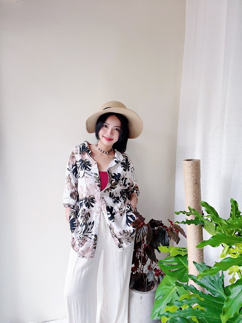 夏季豔陽滿花圖騰 古著麻混絲夏威夷 襯衫上衣vintageAloha Shirt - 女襯衫 - 棉．麻 多色