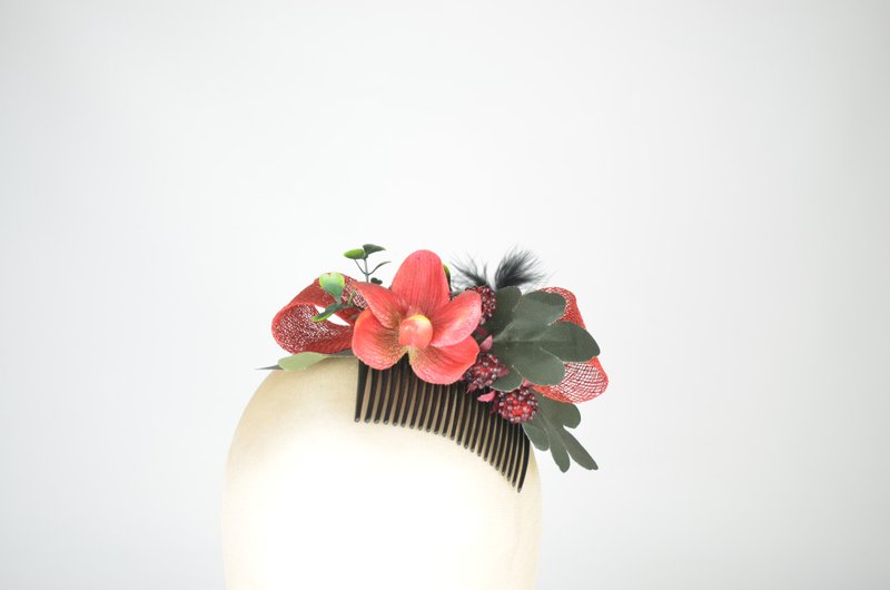 Headpiece Hair Comb Red Orchid Flower with Black Feathers Raspberries and Bow - เครื่องประดับผม - วัสดุอื่นๆ สีแดง