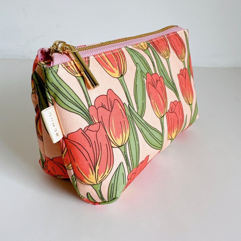 French tulip three-layer storage bag - กระเป๋าเครื่องสำอาง - ผ้าฝ้าย/ผ้าลินิน สึชมพู