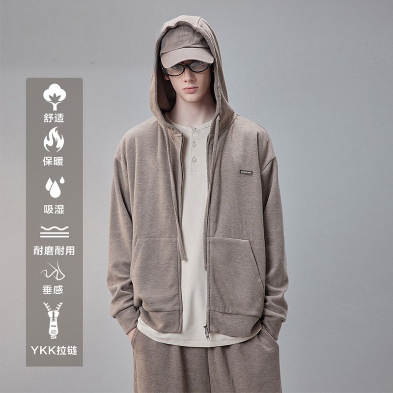 複古休閑含羊毛運動套裝 男士保暖開衫衛衣長褲 - 帽T/大學T - 棉．麻 咖啡色