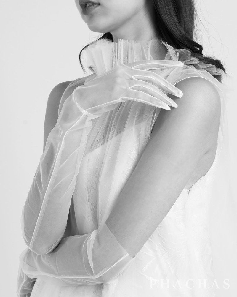 Plain long mesh gloves (off-white) - 手套 - 聚酯纖維 白色