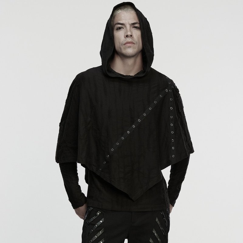 廢土隱世巫師做舊針織連帽上衣 / 假兩件 - 帽T/大學T - 其他材質 黑色