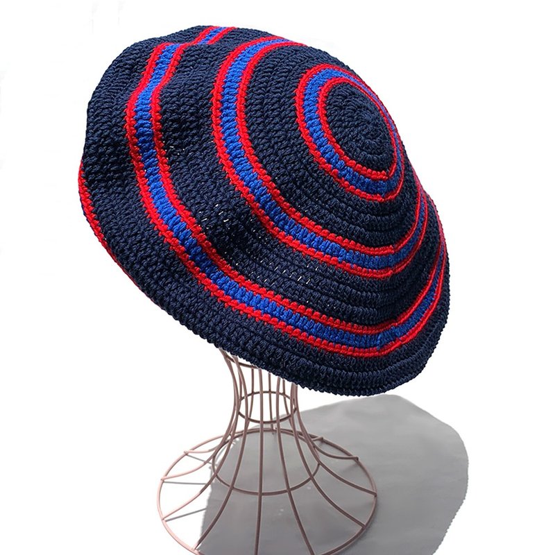 [Crochetam] Border Tam Beret NAVY - หมวก - ผ้าฝ้าย/ผ้าลินิน สีน้ำเงิน