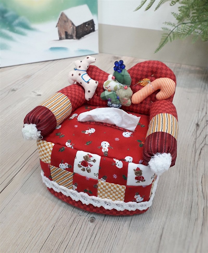 Sofa Modeling Paper Cover (Christmas) - กล่องทิชชู่ - ผ้าฝ้าย/ผ้าลินิน สีแดง