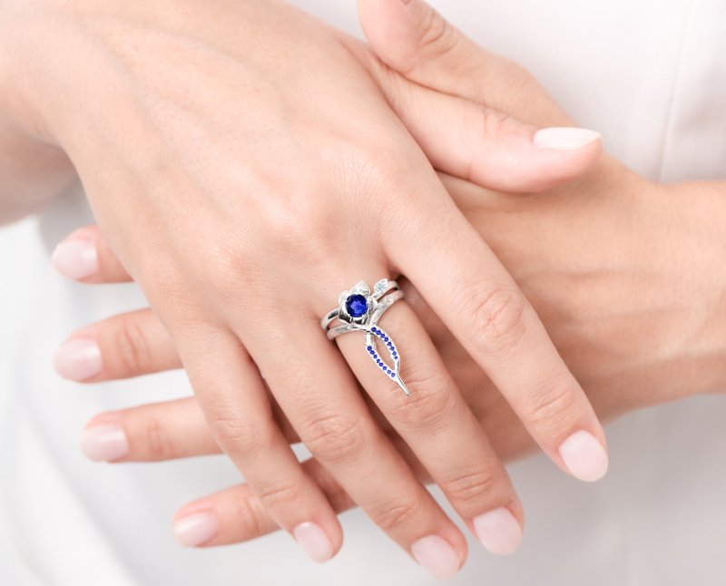 藍寶石14k鑽石訂婚結婚戒指套裝 花卉白金戒指組合 蘭花藤蔓戒指 - 戒指 - 貴金屬 藍色