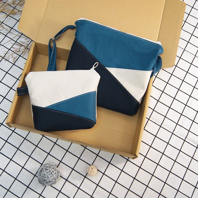 手作夏日禮物海洋藍色包包小禮盒-肩背包+化妝包 - 化妝袋/收納袋 - 棉．麻 藍色