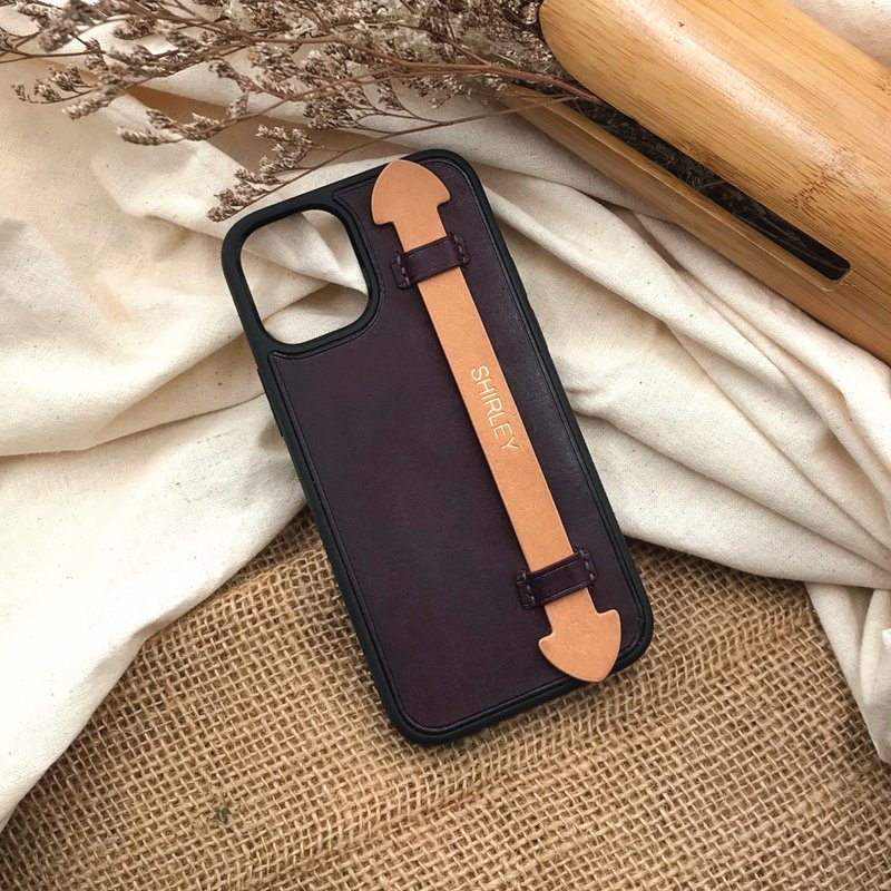 【iPhone手帶手機殼】紫色磨砂牛皮/防摔全包覆/輕鬆自拍 - 手機殼/手機套 - 真皮 紫色