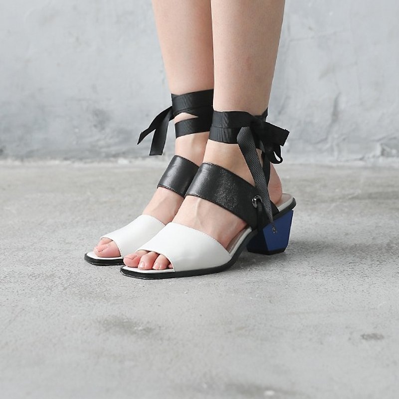 Ribbon wrapped around two wear thick with leather sandals black and white - รองเท้าส้นสูง - หนังแท้ สีดำ