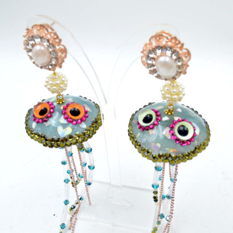 搞怪原創外星怪獸水母水晶珠耳環 膠質輕巧高貴時尚 綴施華洛水晶 - 耳環/耳夾/耳骨夾 - 塑膠 多色