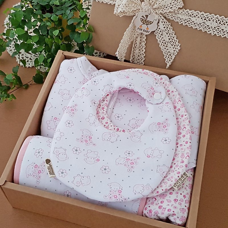 五件組彌月禮 粉色小羊咩咩卡通針織棉 最實用品項 獨家手工製作 - 滿月禮物 - 棉．麻 粉紅色