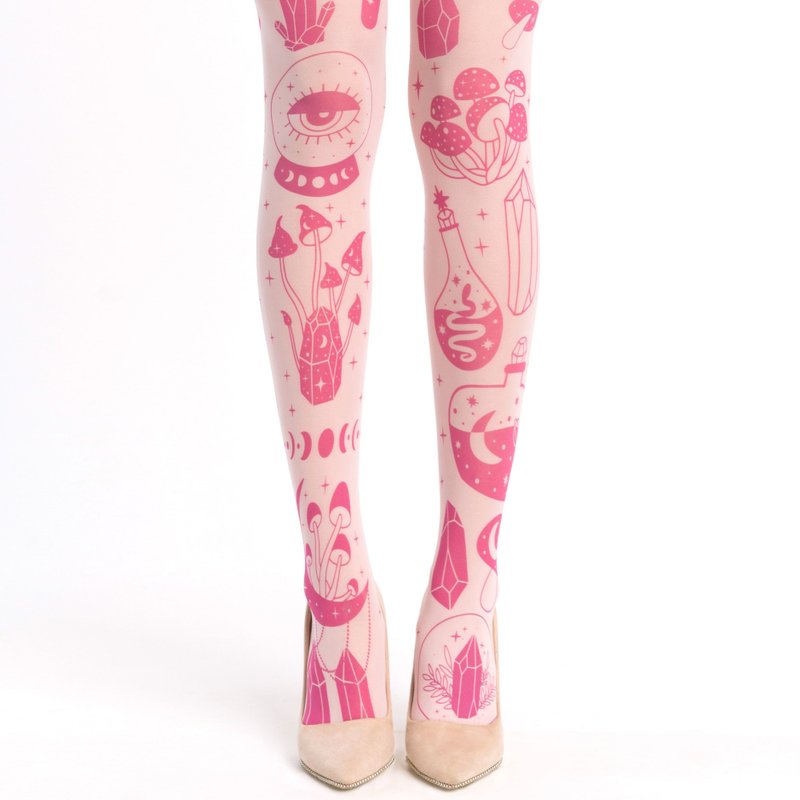Pastel Goth tights, celestial fashion potion mushroom - 內搭褲/緊身褲 - 尼龍 粉紅色