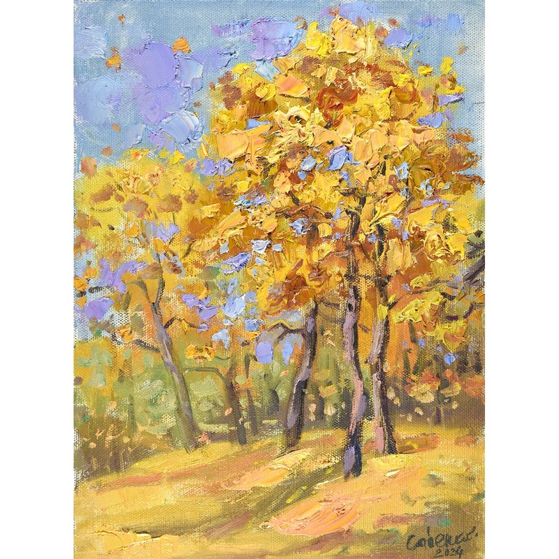 Autumn Painting Maples Trees Landscape Park Impressionism Art Nature Artwork - วาดภาพ/ศิลปะการเขียน - วัสดุอื่นๆ 